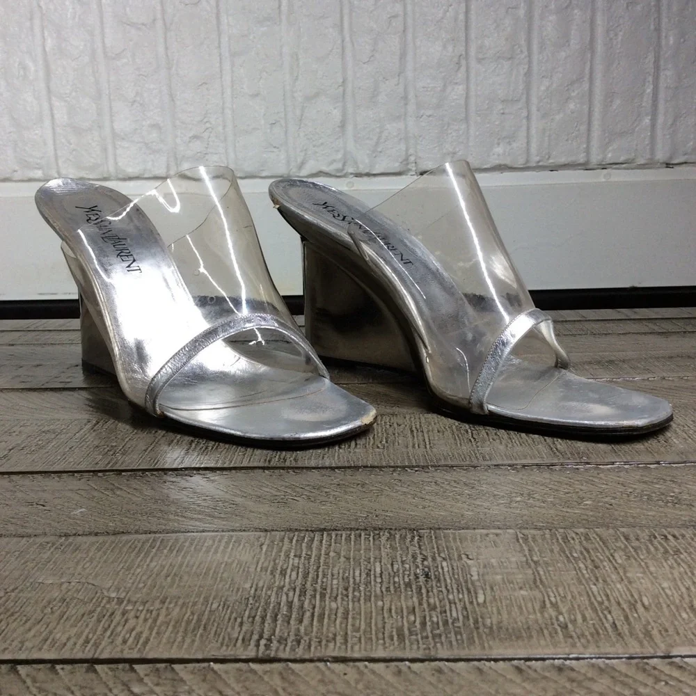 vintage Yves Saint Laurent silver and clear lucite mules with mirror finish
